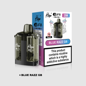 Higo Alpha Pro 25k Pod - Blue Razz GB Higo Alpha Pro 25k replacement pod in Blue Razz GB flavour - 1ml prefilled pod with 10ml refill tank, 20mg nic salt e-liquid, UK TPD compliant