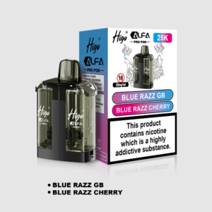 Higo Alpha Pro 25k Pod - Blue Razz GB + Blue Razz Cherry Higo Alpha Pro 25k replacement pod in Blue Razz GB + Blue Razz Cherry flavour - 1ml prefilled pod with 10ml refill tank, 20mg nic salt e-liquid, UK TPD compliant