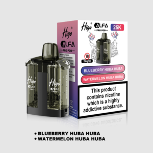 Higo Alpha Pro 25k Pod - Blueberry Huba Huba + Watermelon Huba Huba Higo Alpha Pro 25k replacement pod in Blueberry Huba Huba + Watermelon Huba Huba flavour - 1ml prefilled pod with 10ml refill tank, 20mg nic salt e-liquid, UK TPD compliant