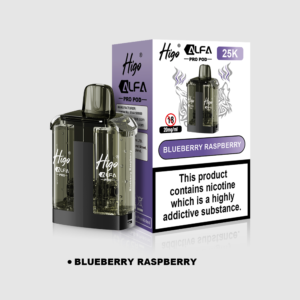 Higo Alpha Pro 25k Pod - Blueberry Raspberry Higo Alpha Pro 25k replacement pod in Blueberry Raspberry flavour - 1ml prefilled pod with 10ml refill tank, 20mg nic salt e-liquid, UK TPD compliant