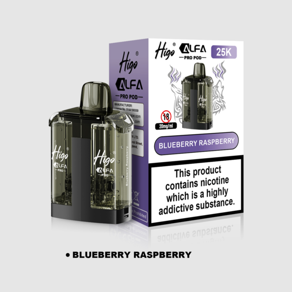 Higo Alpha Pro 25k Pod - Blueberry Raspberry Higo Alpha Pro 25k replacement pod in Blueberry Raspberry flavour - 1ml prefilled pod with 10ml refill tank, 20mg nic salt e-liquid, UK TPD compliant