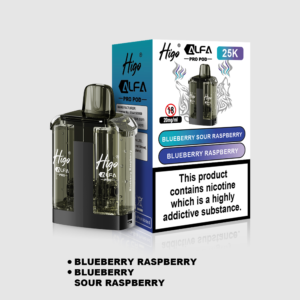 Higo Alpha Pro 25k Pod - Blueberry Raspberry + Blueberry Sour Raspberry Higo Alpha Pro 25k replacement pod in Blueberry Raspberry + Blueberry Sour Raspberry flavour - 1ml prefilled pod with 10ml refill tank, 20mg nic salt e-liquid, UK TPD compliant