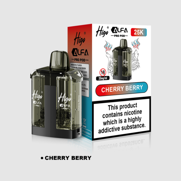 Higo Alpha Pro 25k replacement pod in Cherry Berry flavour - 1ml prefilled pod with 10ml refill tank, 20mg nic salt e-liquid, UK TPD compliant