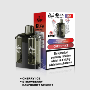 Higo Alpha Pro 25k Pod - Cherry Ice + Strawberry Raspberry Cherry Higo Alpha Pro 25k replacement pod in Cherry Ice + Strawberry Raspberry Cherry flavour - 1ml prefilled pod with 10ml refill tank, 20mg nic salt e-liquid, UK TPD compliant