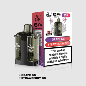 Higo Alpha Pro 25k Pod - Grape GB + Strawberry GB Higo Alpha Pro 25k replacement pod in Grape GB + Strawberry GB flavour - 1ml prefilled pod with 10ml refill tank, 20mg nic salt e-liquid, UK TPD compliant