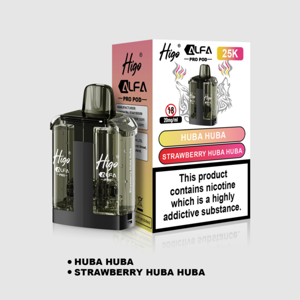 Higo Alpha Pro 25k replacement pod in Strawberry Huba Huba flavour - 1ml prefilled pod with 10ml refill tank, 20mg nic salt e-liquid, UK TPD compliant