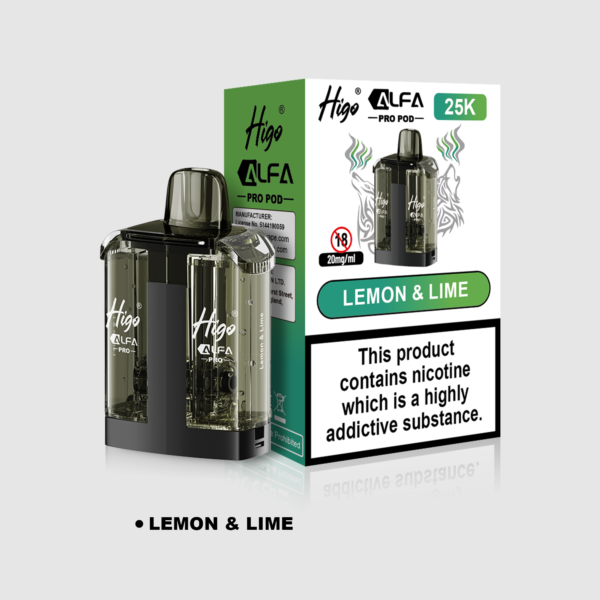 Higo Alpha Pro 25k Pod - Lemon & Lime Higo Alpha Pro 25k replacement pod in Lemon & Lime flavour - 1ml prefilled pod with 10ml refill tank, 20mg nic salt e-liquid, UK TPD compliant