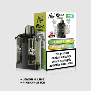 Higo Alpha Pro 25k Pod - Lemon & Lime + Pineapple Ice Higo Alpha Pro 25k replacement pod in Lemon & Lime + Pineapple Ice flavour - 1ml prefilled pod with 10ml refill tank, 20mg nic salt e-liquid, UK TPD compliant