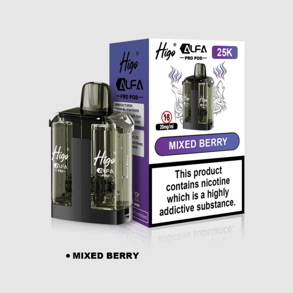 Higo Alpha Pro 25k Pod - Mixed Berry Higo Alpha Pro 25k replacement pod in Mixed Berry flavour - 1ml prefilled pod with 10ml refill tank, 20mg nic salt e-liquid, UK TPD compliant