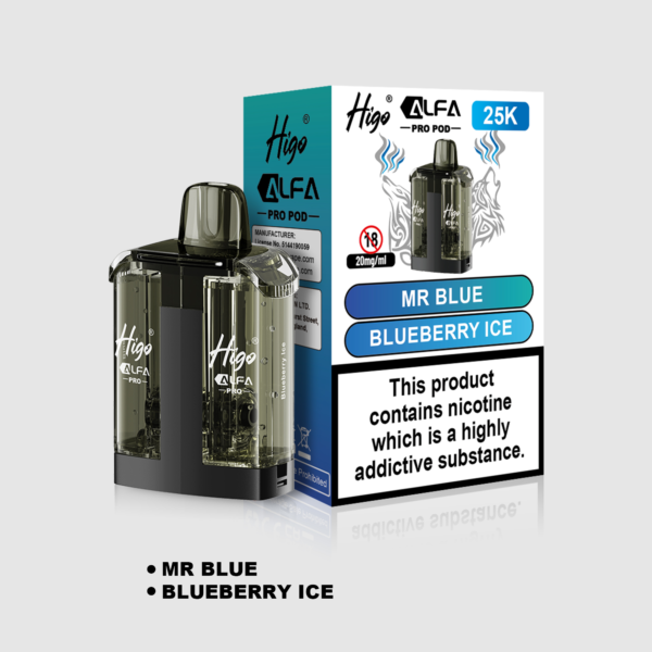 Higo Alpha Pro 25k replacement pod in Mr Blue + Blueberry Ice flavour - 1ml prefilled pod with 10ml refill tank, 20mg nic salt e-liquid, UK TPD compliant