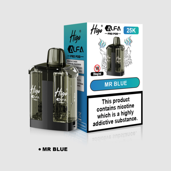 Higo Alpha Pro 25k Pod - Mr Blue Higo Alpha Pro 25k replacement pod in Mr Blue flavour - 1ml prefilled pod with 10ml refill tank, 20mg nic salt e-liquid, UK TPD compliant