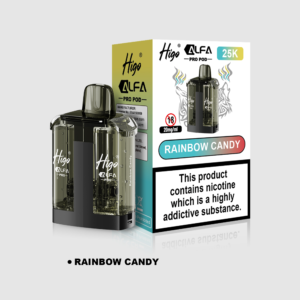 Higo Alpha Pro 25k Pod - Rainbow Candy Higo Alpha Pro 25k replacement pod in Rainbow Candy flavour - 1ml prefilled pod with 10ml refill tank, 20mg nic salt e-liquid, UK TPD compliant