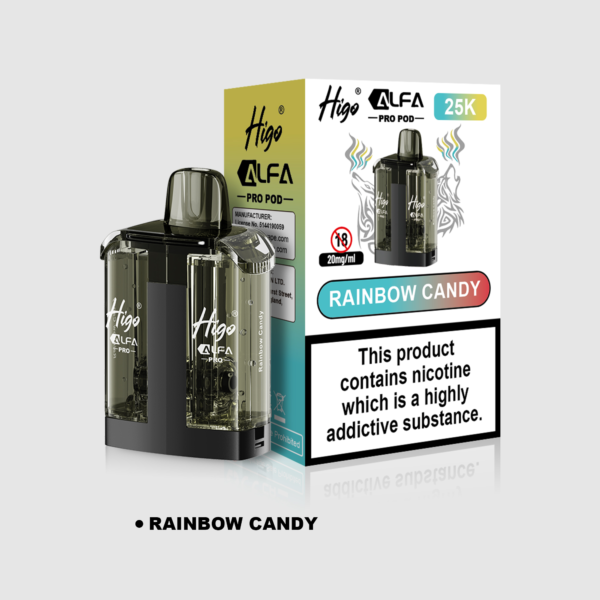 Higo Alpha Pro 25k Pod - Rainbow Candy Higo Alpha Pro 25k replacement pod in Rainbow Candy flavour - 1ml prefilled pod with 10ml refill tank, 20mg nic salt e-liquid, UK TPD compliant