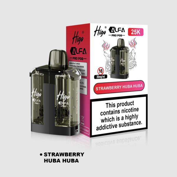 Higo Alpha Pro 25k Pod - Huba Huba + Strawberry Huba Huba Higo Alpha Pro 25k replacement pod in Huba Huba + Strawberry Huba Huba flavour - 1ml prefilled pod with 10ml refill tank, 20mg nic salt e-liquid, UK TPD compliant