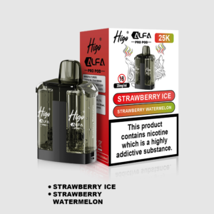 Higo Alpha Pro 25k Pod - Strawberry Ice + Strawberry Watermelon Higo Alpha Pro 25k replacement pod in Strawberry Ice + Strawberry Watermelon flavour - 1ml prefilled pod with 10ml refill tank, 20mg nic salt e-liquid, UK TPD compliant