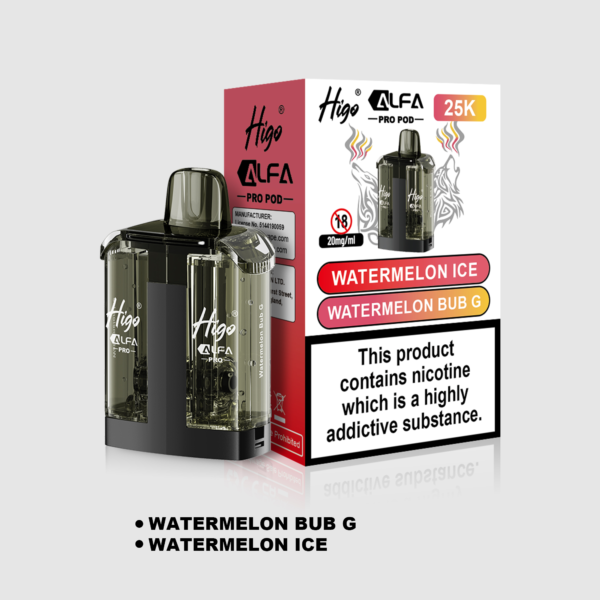 Higo Alpha Pro 25k Pod - Watermelon Bub G + Watermelon Ice Higo Alpha Pro 25k replacement pod in Watermelon Bub G + Watermelon Ice flavour - 1ml prefilled pod with 10ml refill tank, 20mg nic salt e-liquid, UK TPD compliant