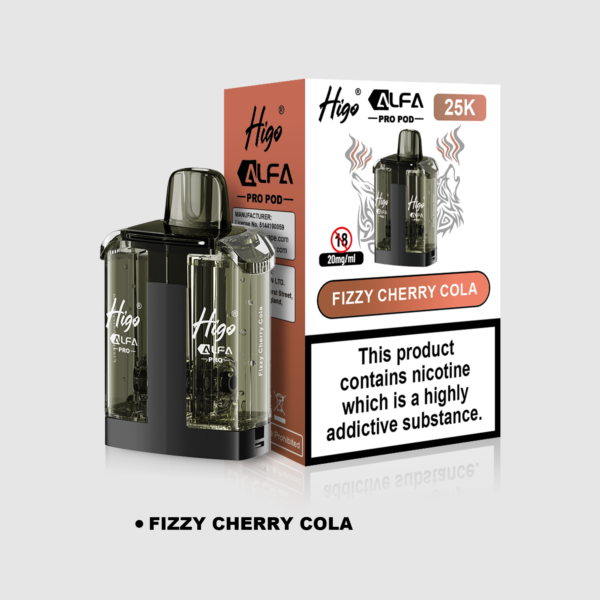 Higo Alpha Pro 25k Pod - Fizzy Cherry Cola Higo Alpha Pro 25k replacement pod in Fizzy Cherry Cola flavour - 1ml prefilled pod with 10ml refill tank, 20mg nic salt e-liquid, UK TPD compliant