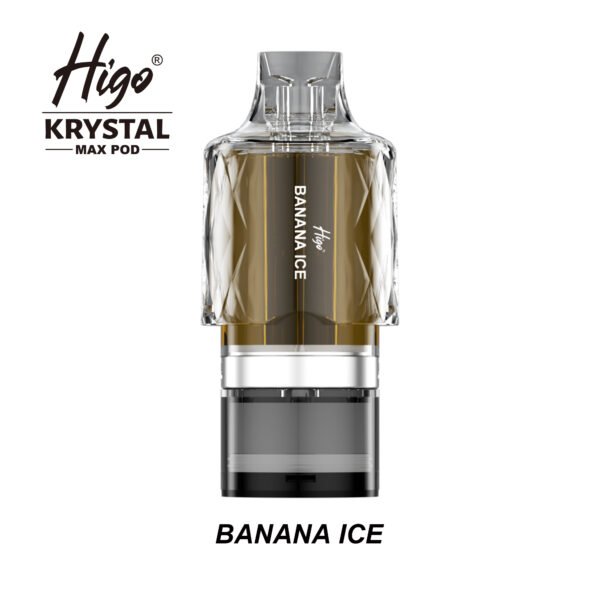 Higo Krystal Max 7500 Pod - Banana Ice Higo Krystal Max 7500 replacement pod in Banana Ice flavour - 2ml prefilled pod with 10ml refill container, 20mg nic salt e-liquid, UK TPD compliant