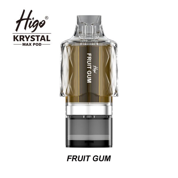 Higo Krystal Max 7500 Pod - Fruit Gum Higo Krystal Max 7500 replacement pod in Fruit Gum flavour - 2ml prefilled pod with 10ml refill container, 20mg nic salt e-liquid, UK TPD compliant