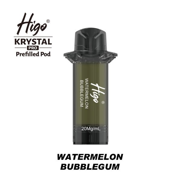 Higo Krystal Pro 600 Pod - Watermelon Bubblegum Higo Krystal Pro 600 replacement pod in Watermelon Bubblegum flavour - 2ml prefilled pod, 20mg nic salt e-liquid, UK TPD compliant