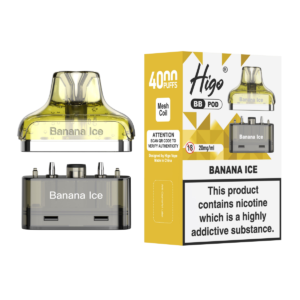 Higo BB 4000 Pod - Banana Ice Higo BB 4000 replacement pod in Banana Ice flavour - 2ml prefilled pod with 4ml refill container, 20mg nic salt e-liquid, UK TPD compliant