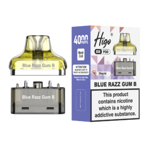 Higo BB 4000 Pod - Blue Razz Gum B Higo BB 4000 replacement pod in Blue Razz Gum B flavour - 2ml prefilled pod with 4ml refill container, 20mg nic salt e-liquid, UK TPD compliant