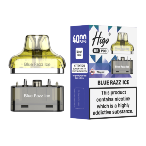 Higo BB 4000 Pod - Blue Razz Ice Higo BB 4000 replacement pod in Blue Razz Ice flavour - 2ml prefilled pod with 4ml refill container, 20mg nic salt e-liquid, UK TPD compliant