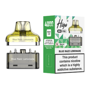 Higo BB 4000 Pod - Blue Razz Lemonade Higo BB 4000 replacement pod in Blue Razz Lemonade flavour - 2ml prefilled pod with 4ml refill container, 20mg nic salt e-liquid, UK TPD compliant