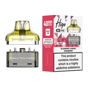 Higo BB 4000 Pod - Blueberry Cherry Cranberry Higo BB 4000 replacement pod in Blueberry Cherry Cranberry flavour - 2ml prefilled pod with 4ml refill container, 20mg nic salt e-liquid, UK TPD compliant