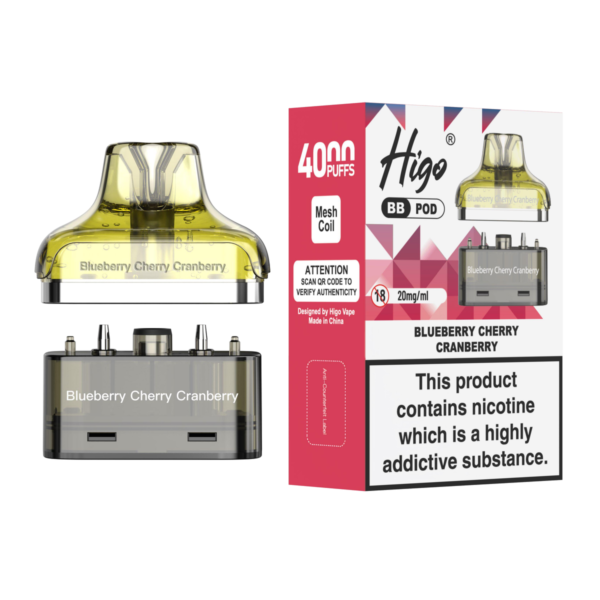 Higo BB 4000 replacement pod in Blueberry Cherry Cranberry flavour - 2ml prefilled pod with 4ml refill container, 20mg nic salt e-liquid, UK TPD compliant