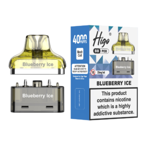 Higo BB 4000 Pod - Blueberry Ice Higo BB 4000 replacement pod in Blueberry Ice flavour - 2ml prefilled pod with 4ml refill container, 20mg nic salt e-liquid, UK TPD compliant