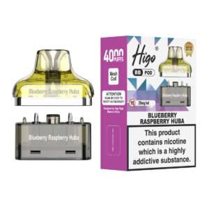 Higo BB 4000 Pod - Blueberry Raspberry Huba Higo BB 4000 replacement pod in Blueberry Raspberry Huba flavour - 2ml prefilled pod with 4ml refill container, 20mg nic salt e-liquid, UK TPD compliant