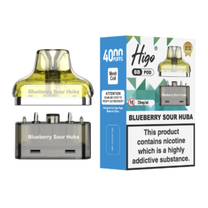 Higo BB 4000 Pod - Bueberry Sour Huba Higo BB 4000 replacement pod in Bueberry Sour Huba flavour - 2ml prefilled pod with 4ml refill container, 20mg nic salt e-liquid, UK TPD compliant