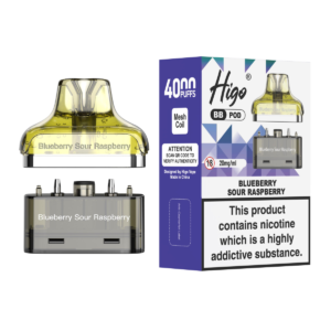 Higo BB 4000 Pod - Blueberry Sour Raspberry Higo BB 4000 replacement pod in Blueberry Sour Raspberry flavour - 2ml prefilled pod with 4ml refill container, 20mg nic salt e-liquid, UK TPD compliant