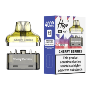 Higo BB 4000 Pod - Cherry Berries Higo BB 4000 replacement pod in Cherry Berries flavour - 2ml prefilled pod with 4ml refill container, 20mg nic salt e-liquid, UK TPD compliant