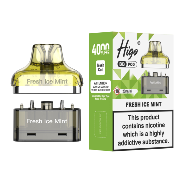 Higo BB 4000 replacement pod in Fresh Ice Mint flavour - 2ml prefilled pod with 4ml refill container, 20mg nic salt e-liquid, UK TPD compliant
