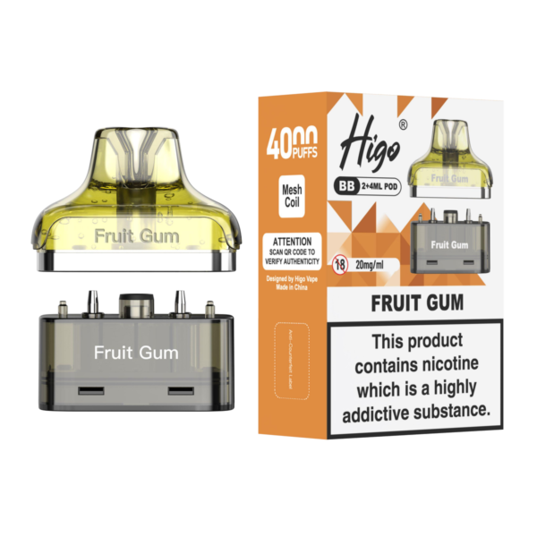 Higo BB 4000 Pod - Fruit Gum Higo BB 4000 replacement pod in Fruit Gum flavour - 2ml prefilled pod with 4ml refill container, 20mg nic salt e-liquid, UK TPD compliant