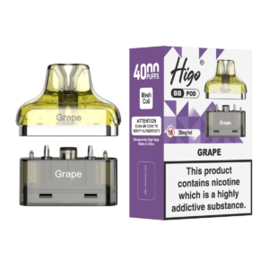 Higo BB 4000 Pod - Grape Higo BB 4000 replacement pod in Grape flavour - 2ml prefilled pod with 4ml refill container, 20mg nic salt e-liquid, UK TPD compliant