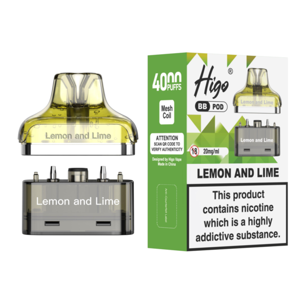 Higo BB 4000 replacement pod in Lemon & Lime flavour - 2ml prefilled pod with 4ml refill container, 20mg nic salt e-liquid, UK TPD compliant
