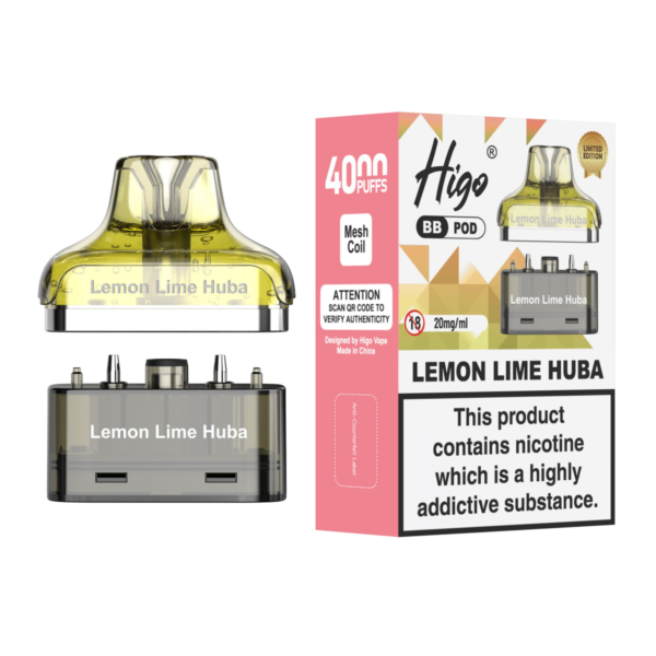 Higo BB 4000 replacement pod in Lemon & Lime Huba flavour - 2ml prefilled pod with 4ml refill container, 20mg nic salt e-liquid, UK TPD compliant