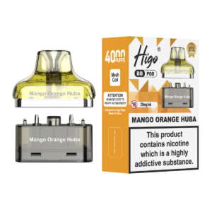 Higo BB 4000 Pod - Mango Orange Huba Higo BB 4000 replacement pod in Mango Orange Huba flavour - 2ml prefilled pod with 4ml refill container, 20mg nic salt e-liquid, UK TPD compliant