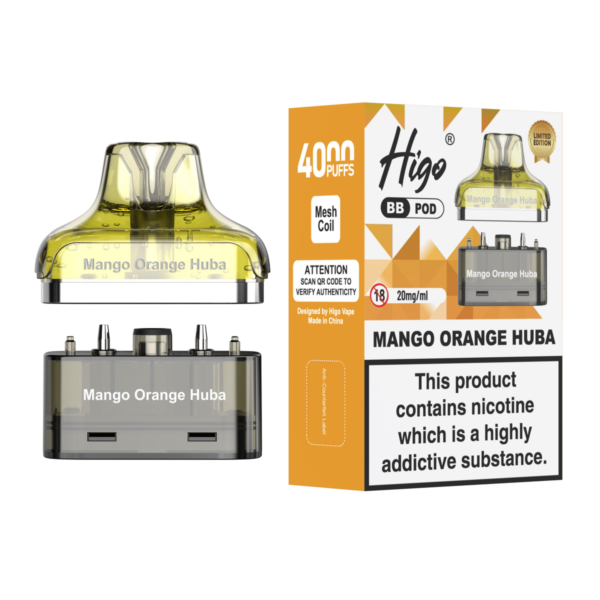 Higo BB 4000 Pod - Mango Orange Huba Higo BB 4000 replacement pod in Mango Orange Huba flavour - 2ml prefilled pod with 4ml refill container, 20mg nic salt e-liquid, UK TPD compliant