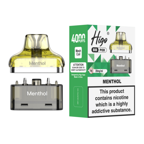 Higo BB 4000 Pod - Menthol Higo BB 4000 replacement pod in Menthol flavour - 2ml prefilled pod with 4ml refill container, 20mg nic salt e-liquid, UK TPD compliant