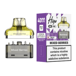 Higo BB 4000 Pod - Mixed Berries Higo BB 4000 replacement pod in Mixed Berries flavour - 2ml prefilled pod with 4ml refill container, 20mg nic salt e-liquid, UK TPD compliant