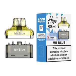 Higo BB 4000 Pod - Mr Blue Higo BB 4000 replacement pod in Mr Blue flavour - 2ml prefilled pod with 4ml refill container, 20mg nic salt e-liquid, UK TPD compliant