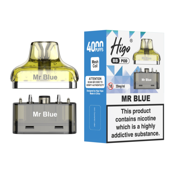 Higo BB 4000 replacement pod in Mr Blue flavour - 2ml prefilled pod with 4ml refill container, 20mg nic salt e-liquid, UK TPD compliant