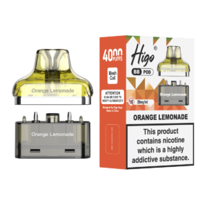 Higo BB 4000 replacement pod in Orange Lemonade flavour - 2ml prefilled pod with 4ml refill container, 20mg nic salt e-liquid, UK TPD compliant