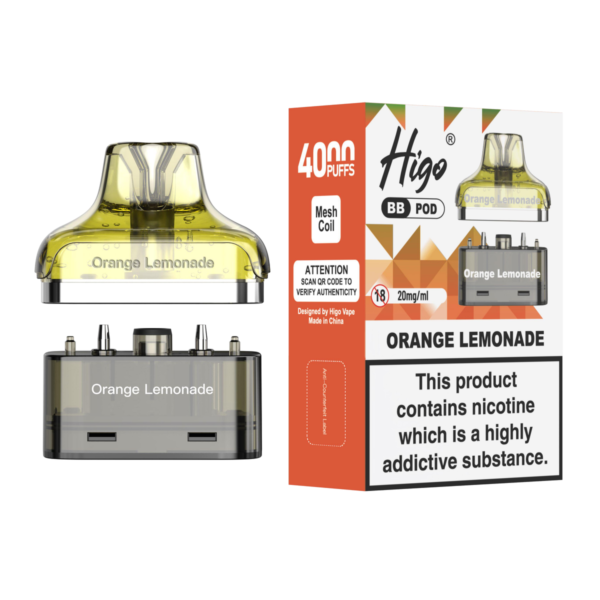 Higo BB 4000 replacement pod in Orange Lemonade flavour - 2ml prefilled pod with 4ml refill container, 20mg nic salt e-liquid, UK TPD compliant