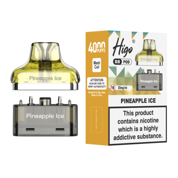 Higo BB 4000 Pod - Pineapple Ice Higo BB 4000 replacement pod in Pineapple Ice flavour - 2ml prefilled pod with 4ml refill container, 20mg nic salt e-liquid, UK TPD compliant