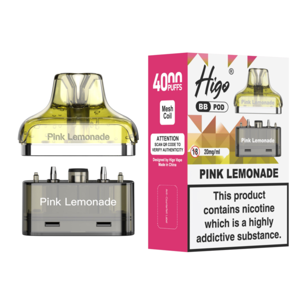Higo BB 4000 replacement pod in Pink Lemonade flavour - 2ml prefilled pod with 4ml refill container, 20mg nic salt e-liquid, UK TPD compliant